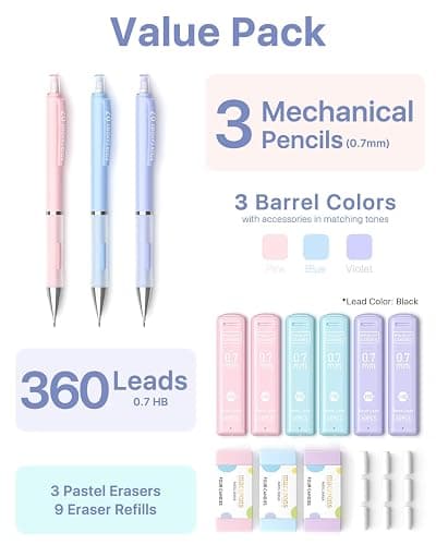 Four Candies Pastel Mechanical Pencil Set 0.7mm, with HB #2 Lead Refills, Cute Erasers & Eraser Refills, 13-Count Pack, Aesthetic School Supplies for Writing, Drawing and Sketching thumbnail 5