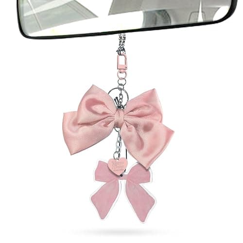 Pink Bow Rear View Mirror Hanging Ornament, Cute Car Accessories for Women & Girls, Car Interior Decor Charm,Rear View Mirror Decorations, Girly Auto Accessories Hanging car Charm - Image 1