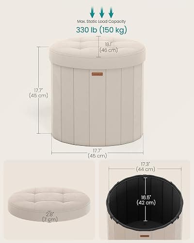 SONGMICS Mazie Collection - Round Storage Ottoman, Folding Footrest Stool with Removable Lid, Easy Assembly, Velvet Vanity Stool for Bedroom, Living Room, Entryway, Cappuccino Beige ULSF608L01 thumbnail 2
