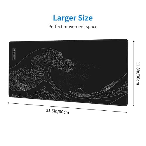 Japanese Gaming Mouse Pad Black Mouse Pad Kanagawa Large Mousepad Non-Slip Rubber Base Waterproof with Stitched Edges for Gaming Office Home, 31.5x11.8 Inch (Black Wave) thumbnail 3