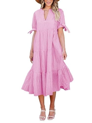 Theenkoln Womens Casual Midi Dress: Short Sleeve V-Neck Empire Waist Gingham Spring Fashion Long Trendy Tiered Formal Dresses - Image 1