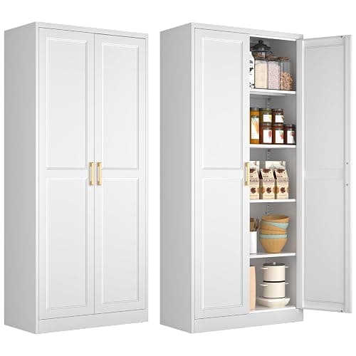 Polup White Kitchen Pantry Cabinet, 71 Inch Tall Metal Storage Cabinet with Doors and Shelves, Pantry Cabinets for Kitchen Storage, Freestanding Cupboard for Living, Dining Room, Assemble Required - Image 1