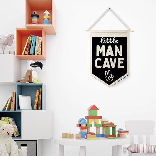 Qpenm Little Man Cave Wall Hanging Canvas Banner, Boys Room Decor, Modern Black and White Peace Sign Nursery Hanging Pennant Flag Posters Prints for Toddler Baby Little Boy Kids Room Playroom Decor thumbnail 2