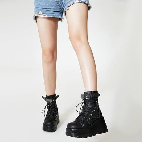 Tscoyuki Platform Ankle Boots for Women Chunky High Heel Booties Goth Round Toe Combat Boots Women Lace Up Motorcycle Wedges thumbnail 7