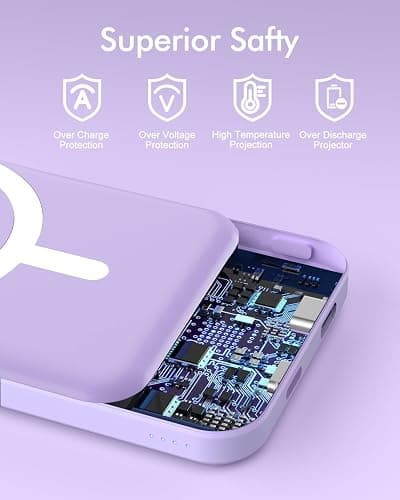 podoru for Magsafe Battery Pack, 5000mAh Magnetic Power Bank with Type-C Cable 20W PD Fast Charging Lighting Input Wireless Portable Charger for iPhone iPhone 17/16/15/14/13/12/ All Series-Purple thumbnail 7