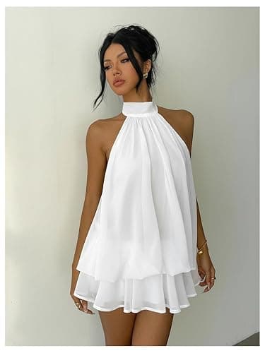 Verdusa Women's Chiffon Halter Drop Waist Wedding Guest Dresses Ruffle Summer Loose Fit Mini Dress Brunch Outfits thumbnail 6