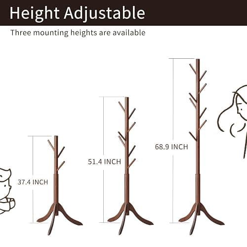Furshus Coat Rack Freestanding, Coat Stands Entryway, Bamboo Coat Rack Hat Hanger 8 Hook for Jacket, Purse, Scarf Rack, Umbrella Tree Stand (Brown) thumbnail 3