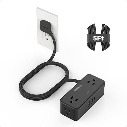 TESSAN Black Extension Cord 5 Ft, Flat Surge Protector Power Strip with 4 Wide Spaced AC Outlets 3 USB Ports (1 USB C), Ultra Thin Flat Plug with 900J Surge Protection, Office Dorm Room Essentials - Image 1