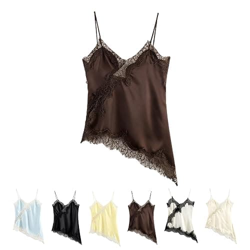 Women Lace Trim Satin Tank Top V Neck Silk Camisole Tops Asymmetrical Backless Spaghetti Strap Tank Shirts Date Outfits - Image 1