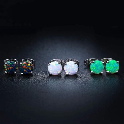 Barzel 18K White Gold Plated Created Opal Stud Earrings 3 Pack Set thumbnail 4