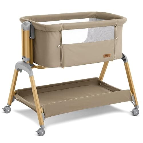 Jimglo 3 in 1 Baby Bassinet, Rocking Bassinets with Comfy Mattress and Wheels, Adjustable Height Bassinet Bedside Sleeper, Easy Folding Portable Crib for Newborn (Khaki) - Image 1