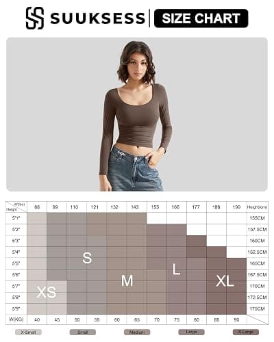 SUUKSESS Women Double Lined Fitted Basic T Shirts Scoop Neck Long Sleeve Crop Top thumbnail 7