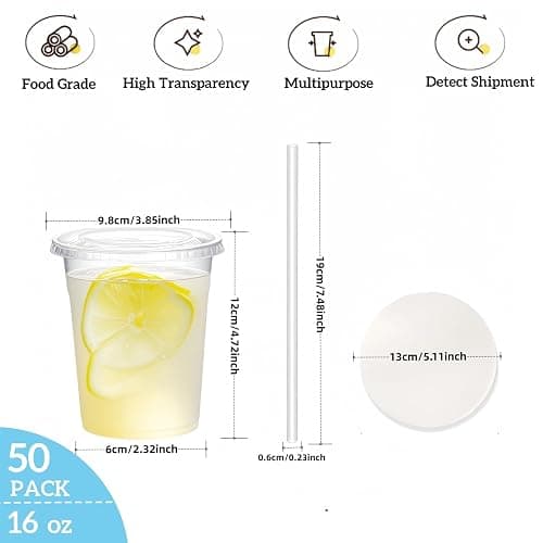 50 Sets 16 oz Cups with Lids,Re-usable Takeaway Cups with Flat Lids and Paper Straws,Perfect for Iced Coffee, Milkshake, Slurpee, Ice Cream thumbnail 3