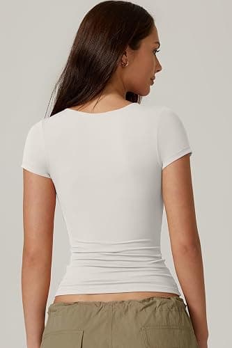 QINSEN Women's Crew Neck Short Sleeve Tees Double Lined Slim Fit T Shirt Basic Y2K Tops thumbnail 2