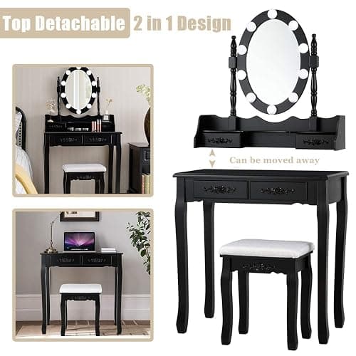 Giantex Makeup Vanity Table with 10 LED Lights, Adjustable Brightness, 4 Drawers, Rotatable Mirror, Cushioned Stool, Vanity Desk Dressing Table Bedroom Furniture (Black) thumbnail 6