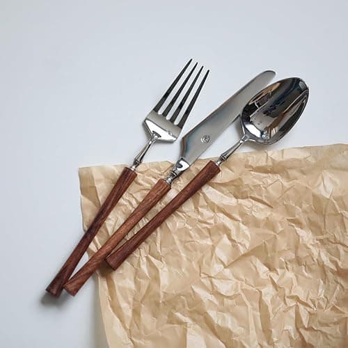 24 Piece Silverware Set Service for 4,Imitation Wooden Handle Steel Flatware Set Vintage Embossed Cutlery Utensil Set Home Kitchen Eating Tableware Set Include Fork Knife Spoon Set Dishwasher Safe thumbnail 2