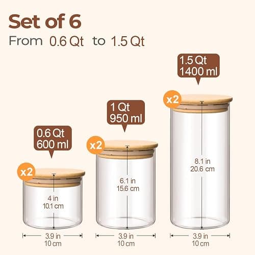 ComSaf Glass Storage Containers with Lids (0.6qt/1qt/1.5qt) Set of 6,Glass Pantry Storage Containers with Airtight Lid & lables for Dry Food, Snacks, Nuts, Stackable for Kitchen, Pantry Organization thumbnail 3