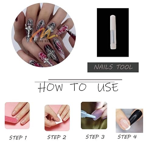 MISUD Press on Nails - Long Stiletto Glue on Nails with Goth Red Black, Acrylic Gothic Corss Design 24 pcs thumbnail 6