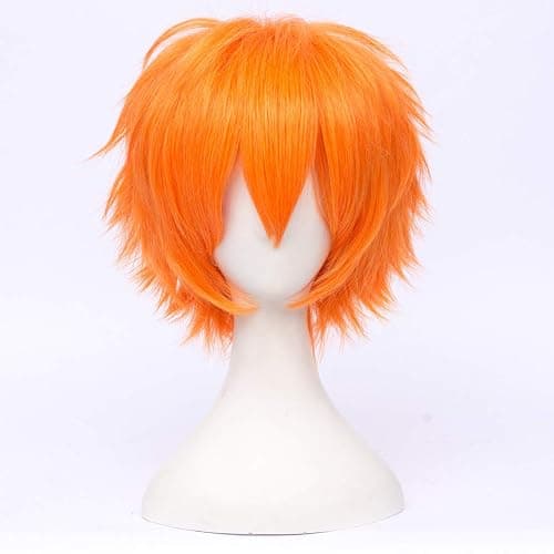 LABEAUTÉ Short Bright Orange Anime Cosplay Wig Male Men Anime Layered Unisex Heat Resistant Hair Wig with Bangs for Party and Halloween for Gift + Free Cap thumbnail 7