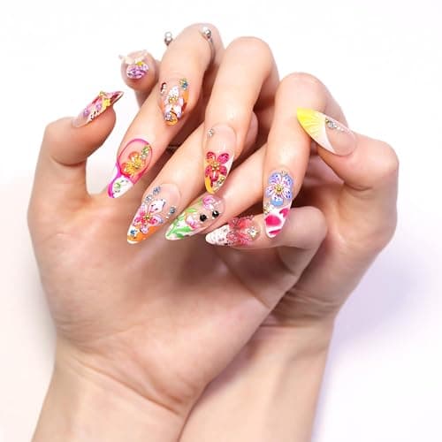 24pcs Colorful Flower Press on Nails Medium Almond Fake Nails with 3D Summer Floral Butterfly Rhinestone Design Glue on Nails French Tip False Nails Gold Beads Acrylic Nails Stick on Nails for Women thumbnail 2