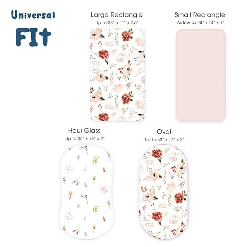 Stretchy Ultra Soft Bassinet Fitted Sheets 3 Pack, Universal Fitted for Bassinets Oval Rectangle Mattress, Pretty Bassinet Sheets for Baby Girls, Watercolor Rose Flora Orange Pink thumbnail 5