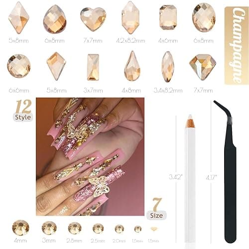 qiipii 4080Pcs Gold Nail Rhinestones, More Quantity 1.5-4mm Mini Flatback K9 Glass Crystal & 3D Multi Shapes Gems, Champagne Gold Gems Round Stones Diamonds jewels Gemstones for Nail Face Eyes Makeup thumbnail 5