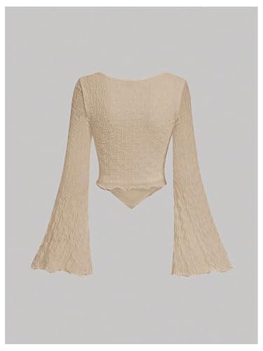 SOLY HUX Women's Long Bell Sleeve Tops Mesh Sweetheart Neck Going Out Crop Top Casual Asymmetrical T Shirts Tees thumbnail 3