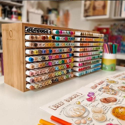 Ohuhu Bamboo Marker Organizer, Wooden Desktop Storage Hold 126 Markers, Pens, Pencils, Art Brushes Stationary Organizer Pencil Holder with 18 Compartments for Home, Classroom, Office Decor thumbnail 6