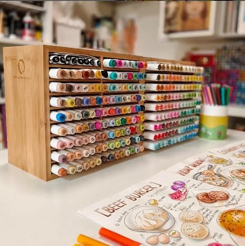 Ohuhu Bamboo Marker Organizer, Wooden Desktop Storage Hold 126 Markers, Pens, Pencils, Art Brushes Stationary Organizer Pencil Holder with 18 Compartments for Home, Classroom, Office Decor - Hold 126 Markers thumbnail 6