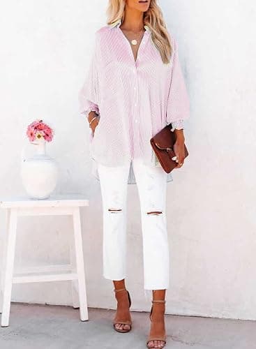 Womens Smocked Cuffed Striped Boyfriend Shirt Casual Collar Long Sleeve Oversized Button Down Blouse Tops with Pocket Shirred thumbnail 4