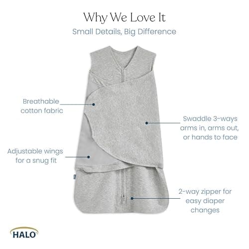 HALO 100% Cotton Sleepsack Swaddle, 3-Way Adjustable Wearable Blanket, TOG 1.5, Leaves, Newborn, 0-3 Months thumbnail 3