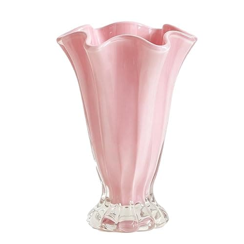 Ruffled Vase Display with Wavy Rim, Hand Blown Glass Vase for Flowers, Blown Glass Decor Centerpiece with Ribbed Panels for Tabletop Shelf Mantel Home Decor (Pink) - Image 1