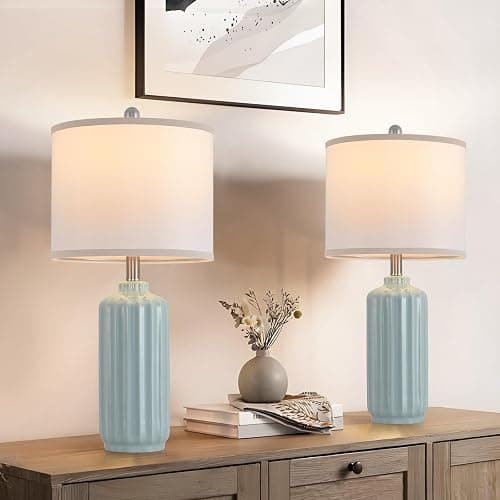 Liyicha Lamp for Living Room Bedroom Lamps Farmhouse Table Lamps Set of 2 Vertical Stripe Ceramic Table Lamp,Linen Shade with Bulb, 25 in High,Light Blue - Light Blue（Set of 2） - 25-inch high thumbnail 3