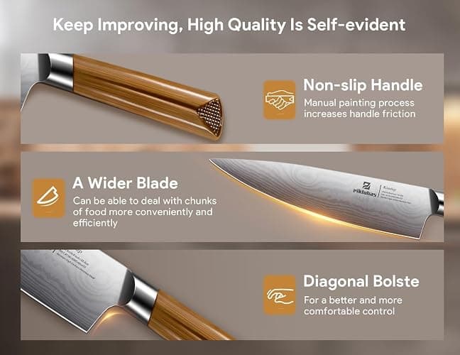 Kitchen Knife Sets With Block, Piklohas 15 Pieces Knife Sets With Magnetic Detachable Knife Holder, High Carbon Steel Damascus Pattern Chef Knife Set With Steak Knives, Ideal For House Warming Gift thumbnail 5