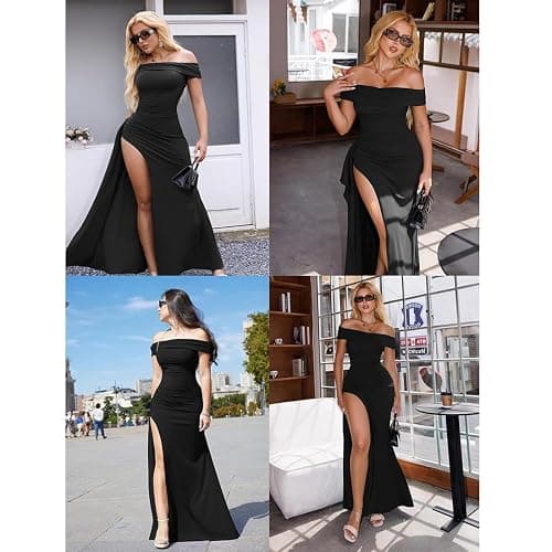 XIWCAFC Robe de Soirée Cocktail Femm Robe Longue Sexy Slim Bodycon Epaules Dénudées Fendue Maxi RobeFemme Élégant Couleur Unie Robes de Fête Longue Robes de Gala pour Mariage Party Bal thumbnail 7