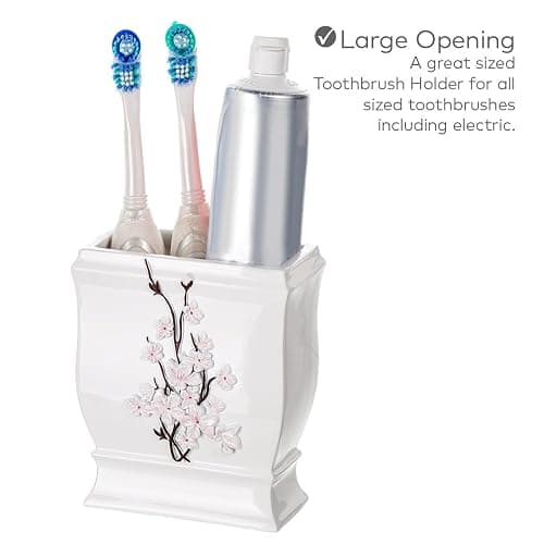 Creative Scents Vanda Bathroom Set - Cherry Blossom White Bathroom Accessories Set - 4 Piece Floral Bathroom Soap Dispenser Set Includes: Lotion Dispenser, Toothbrush Holder, Tumbler & Soap Dish thumbnail 3