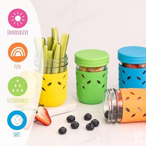 Elk and Friends Kids + Toddler Glass Cups | The Original 8oz Glass Mason Jar with Sleeves + Lids | Silicone Straws + Stopper | Smoothie Cup | Food Storage | Spill Resistant | Dishwasher Safe | 4 Pack thumbnail 7