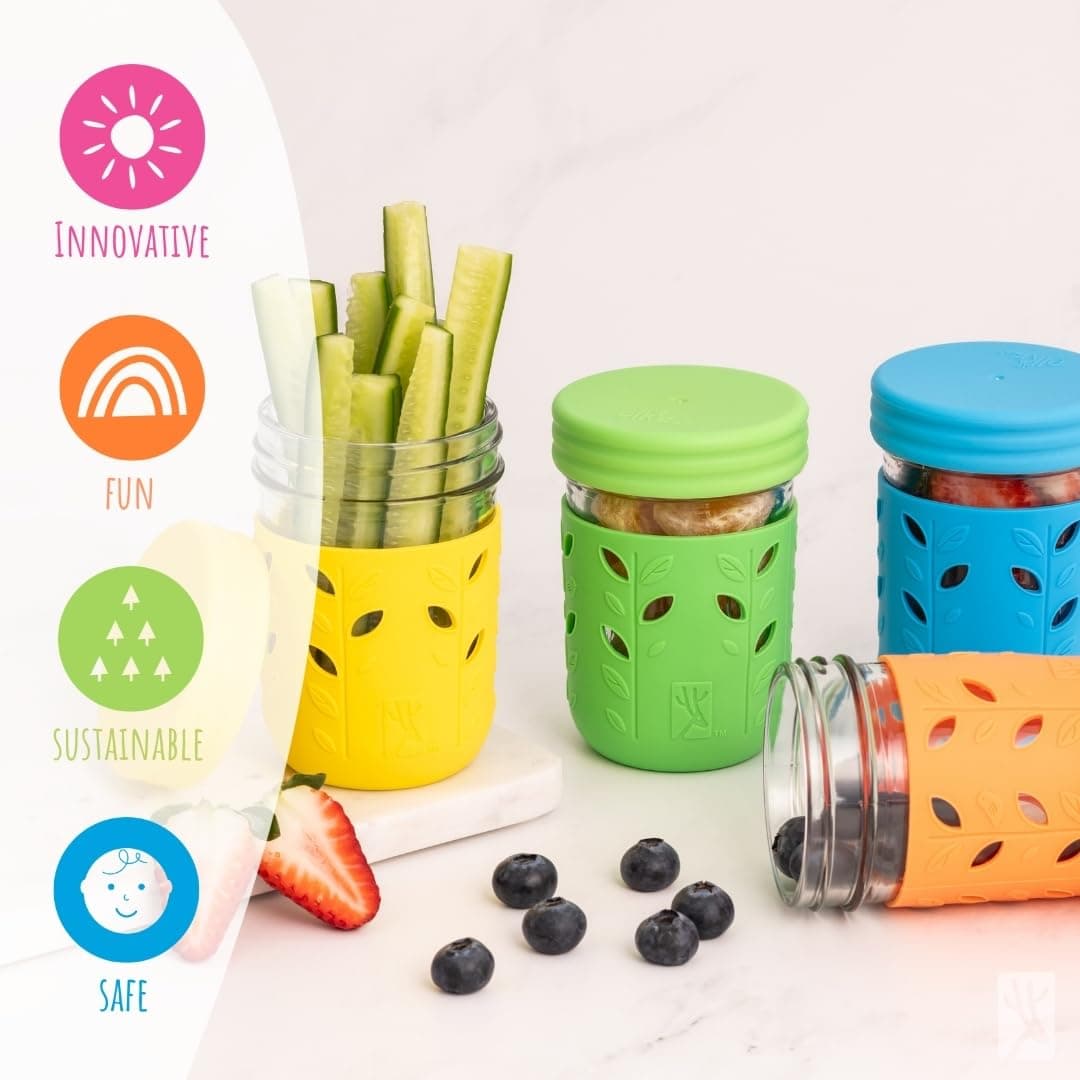 Elk and Friends 8oz Glass Kids + Toddler Drinking Cups | The Original Mason Jars with Lids + Sleeves + Straws | Smoothie Cups | Spill Resistant | Dishwasher Safe | 4 Pack thumbnail 7
