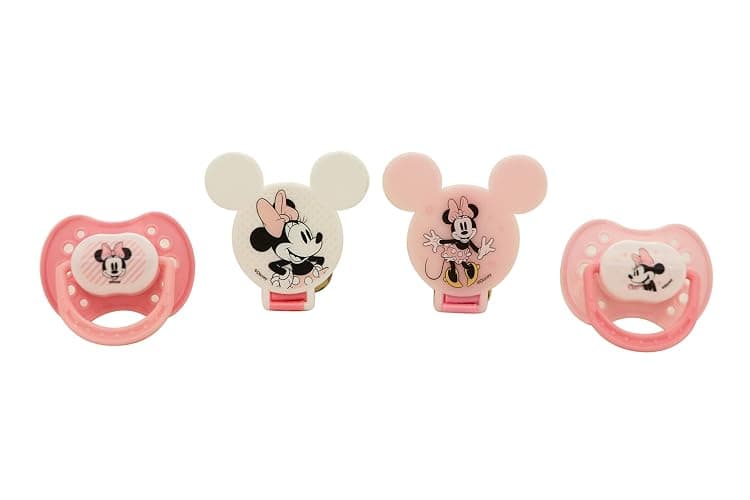 Disney Cudlie Minnie Mouse Baby Girl 4 Pack of 2 Pacifiers & 2 Clips with Sugar & Spice Print - Image 1