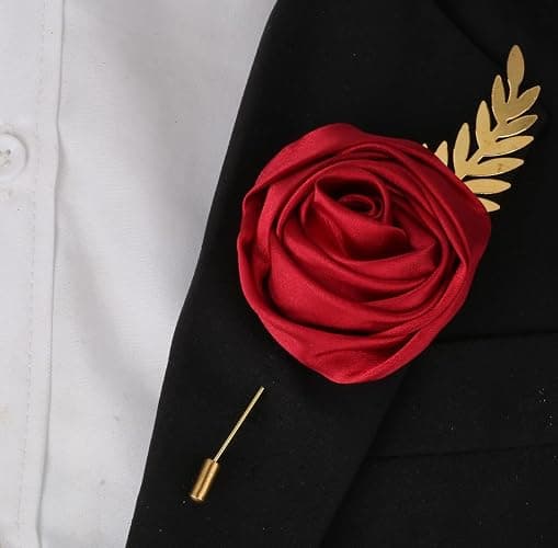 Faux Silk Rose Men Suit Boutonniere, Artificial Flower & Golden Leave Brooch Lapel Pin for Groom Groomsman Wedding Prom Dance Homecoming Party thumbnail 2