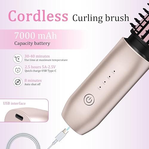 Cordless Hair Curling Iron Brush, Travel Curl Brush, 3-in-1 Portable Curling Iron Cordless, Plasma Thermal Hair Brush, 7000mAh USB Rechargeable Curlings Wand, Mini Hot Curlings Brush-Blush Pink thumbnail 6