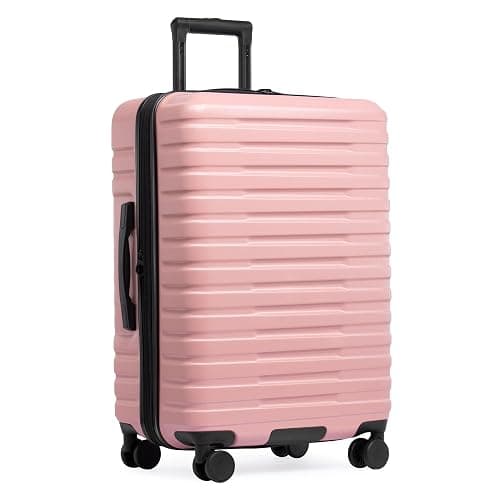 U.S. Traveler Boren Expandable Hardside Rugged Travel Luggage with 8 Spinner Wheels, Rose Pink, Checked-Medium 26-Inch - Image 1