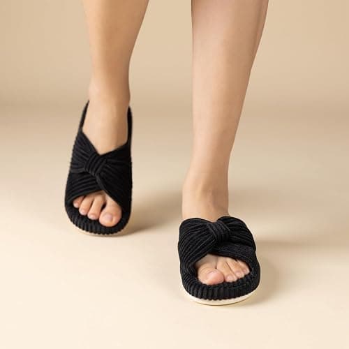 Chantomoo Slippers for Women Memory Foam House Bedroom Corduroy Bow Crossbands Slipper Shoes Comfy Trendy Gift Slippers thumbnail 2