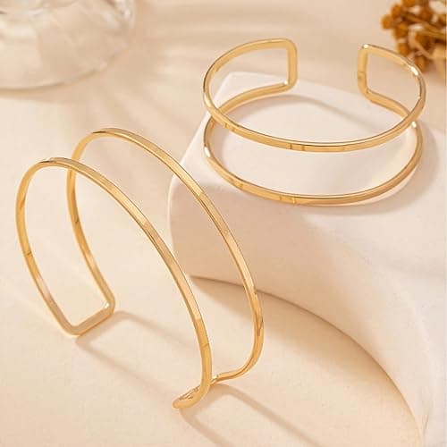 KONPJE Arm Cuff Bracelet for Women Gold Arm Cuff Upper Arm Layered Cuff Bangle Bracelet Minimalist Armband Stackable Jewelry for Summer Beach thumbnail 5