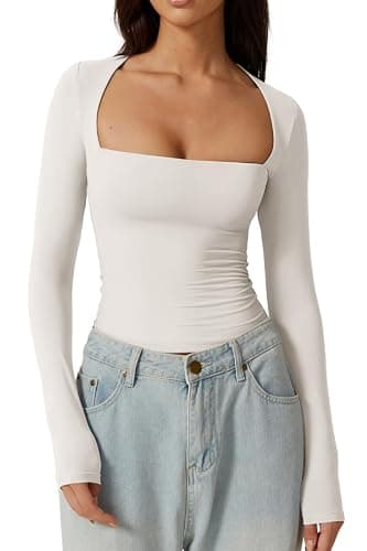 QINSEN Women's Sexy Square Neck Shirt Long Sleeve Double Lined Tees Fitted Going Out Tops - Image 1