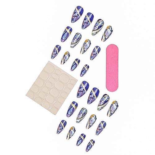 Rchosvam Marble Press on Nails Medium Almond Nails Press Ons Colorful Glaze Marble Design Fake Nails Full Cover Acrylic Flase Nails Gift for Womens 24pcs thumbnail 5