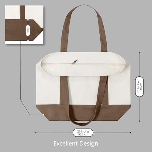 TOPDesign 1-Pack Canvas Tote Bag with an External Pocket, Reusable Grocery Shopping Bag, Top Zipper Closure, Daily Essentials (Brown/Natural) thumbnail 3