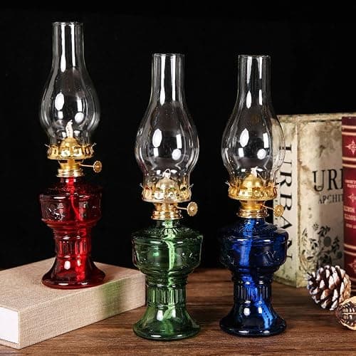 DNRVK 2 Pieces Rustic Oil Lamp Lantern Vintage Color Glass Kerosene Lamp 12.8''Chamber Oil Lamps for Indoor Use Home Decor Lighting Classic Old Hurricane Lamp for Emergency Lighting thumbnail 2