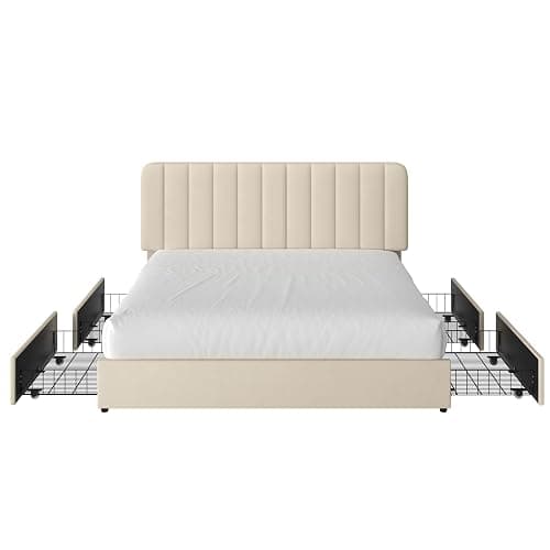 VECELO Full Size Upholstered Bed Frame with 4 Drawers and Headboard, Velvet Platform Storage Bedframe, Wooden Slats Support, No Box Spring Needed,Beige thumbnail 7