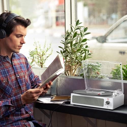 Vinyl Record Player with Speakers Vintage Turntable for Vinyls Records, Belt-Driven Turntable Support 3-Speed, Wireless Playback, Headphone, AUX-in, RCA Line LP Vinyl Players for Sound Enjoyment White thumbnail 7